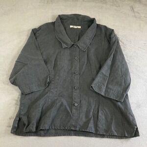 Flax Womens Medium black 100% Linen Button Front 3/4 Sleeve Blouse Top